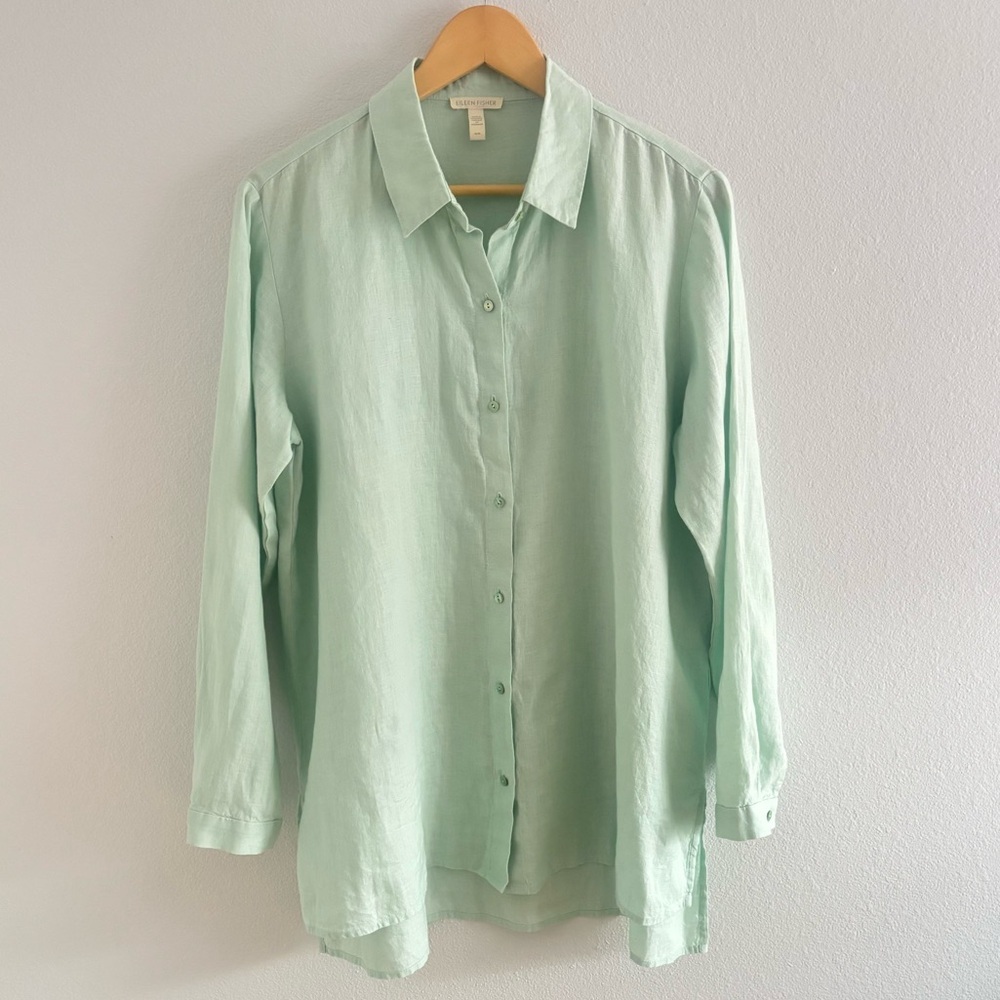 Eileen Fisher Handkerchief Organic Linen Classic Button Front Shirt Mint Green M - Picture 3 of 9
